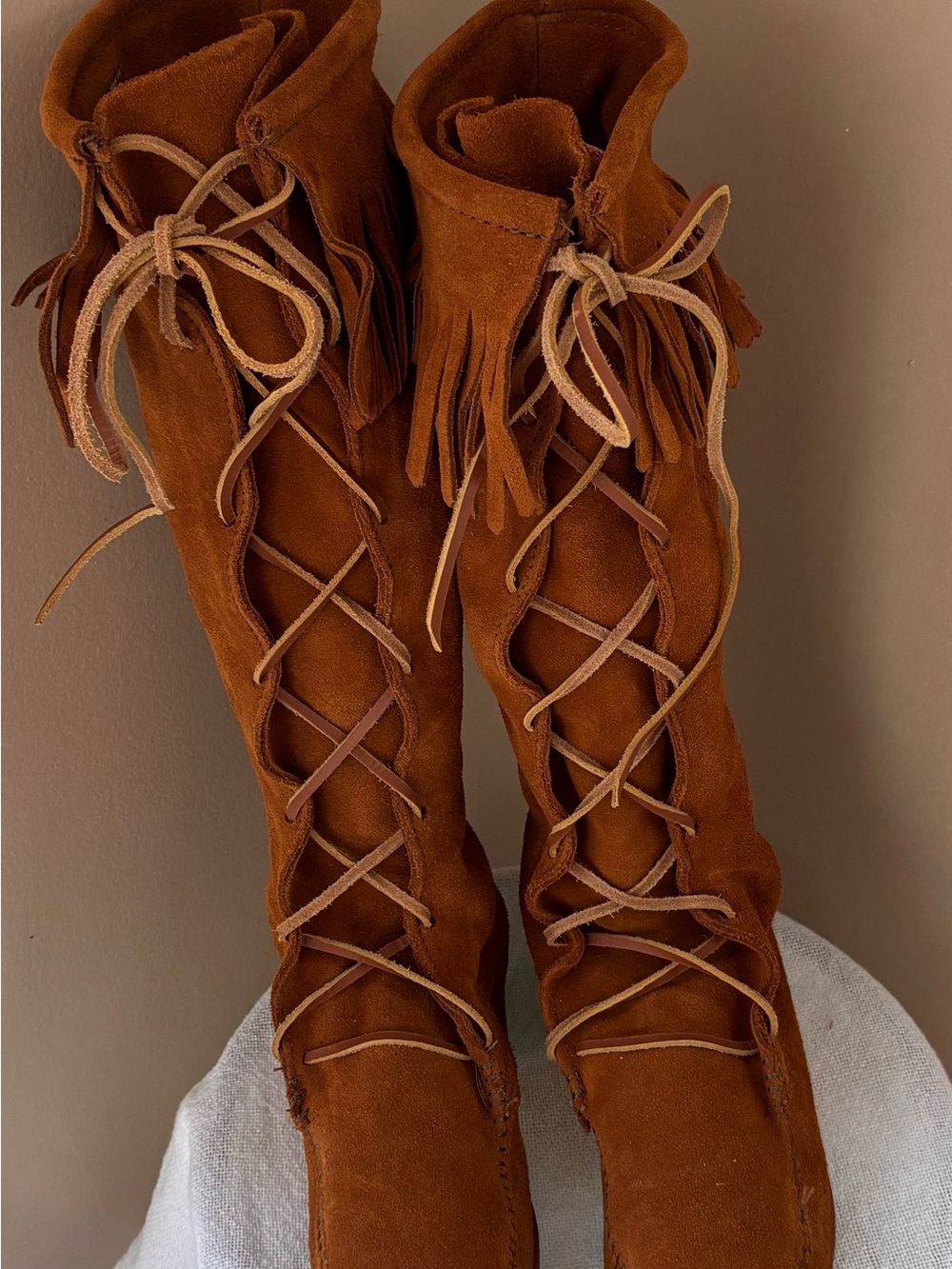 Minnetonka Suede Lace-Up Fringe Knee Boots - Chestnut Brown 9